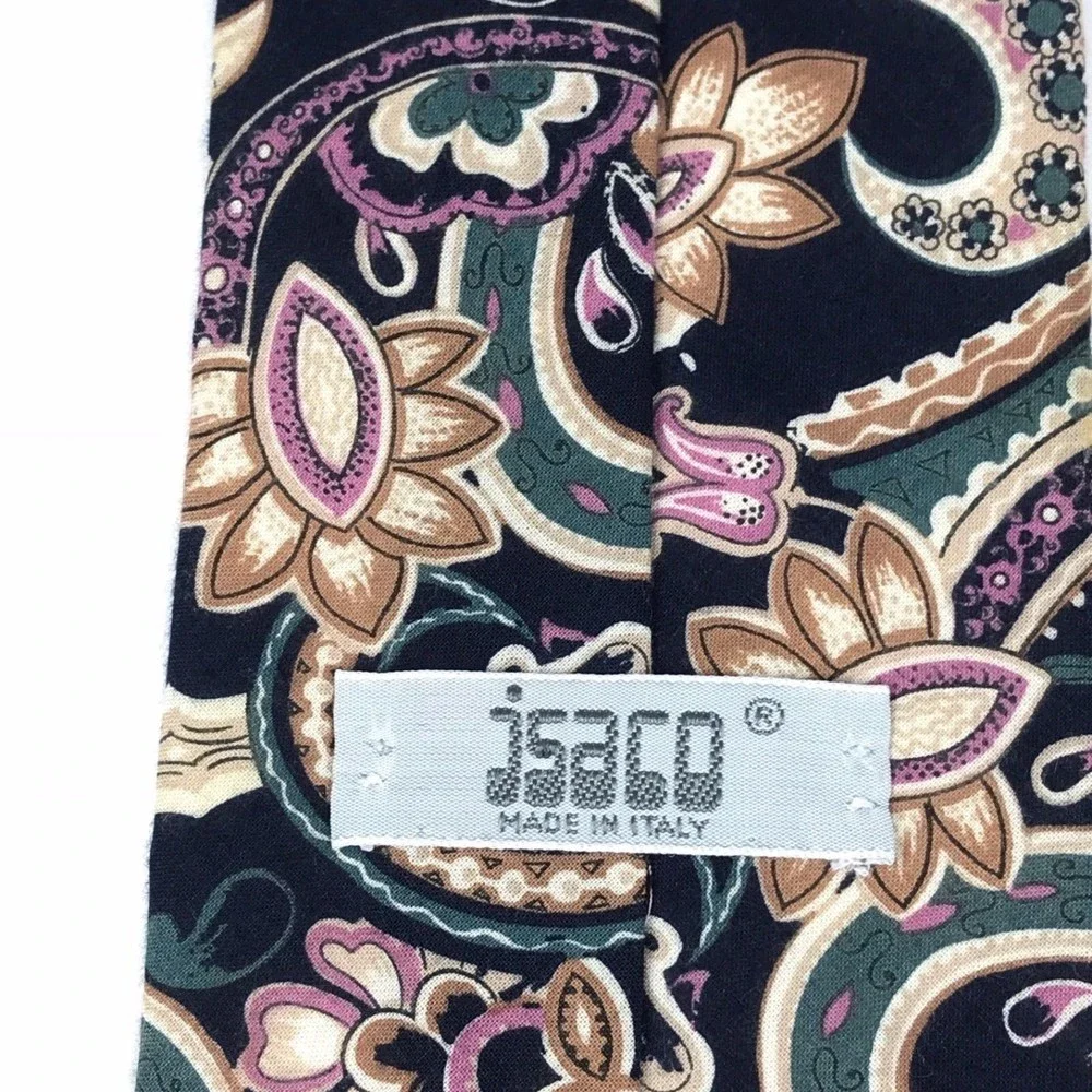 Men's vintage Isaco Cotton Tie Made In Italy Floral Black Multicolor Necktie 58